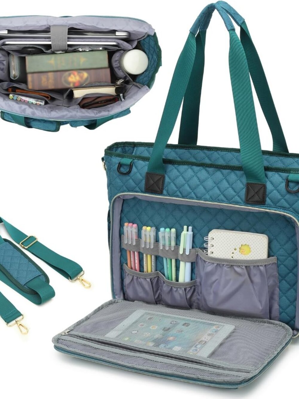 Teacher Tote Bag for Women, 15.6 inch Laptop Work Bag with Cup Holder